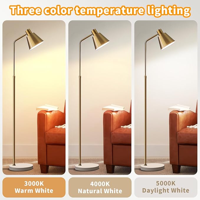 Gold Brass Industrial Floor Lamps with Bright 12W LED Bulb Adjustable 3 Colors, Living Room Sofa Corner Bedroom Bedside Office Study Reading Standing Tall Lights, Unique Modern Home Decor Essentials - Bloomnest