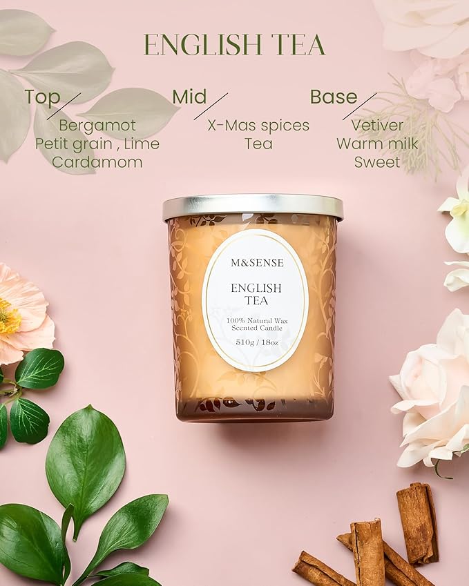 M&SENSE Earl Grey Tea Scented Candle, Cracking Wooden Wick Soy Wax, 18oz 100 Hours Long Lasting Clean Burn, Large Jar Candles for Home Decor, Non-Toxic Relaxing Aromatherapy Gifts for Women - Bloomnest