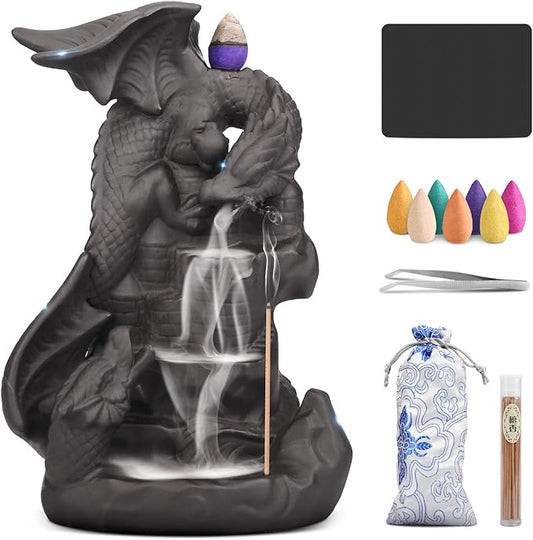 Ceramic Dragon Backflow Incense Holder Waterfall Incense Burner, Smoke Incense Holder, with 70 Backflow Incense Cones + 50 Incense Stick, 1 Mat, 1 Tweezers Home Decor (Brown-Light Dragon) - Bloomnest