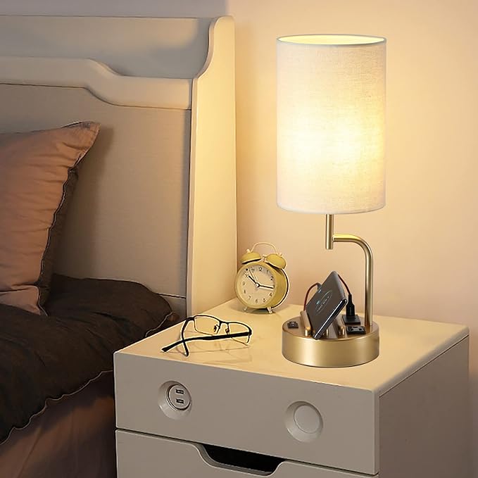 Dreamholder Table Lamp with 3 USB Charging Ports, Modern Desk Lamp with AC Outlet and Phone Stands, Perfect Bedside Lamp for Bedroom, Living Room, Office (Pack of 2), Gold - Bloomnest