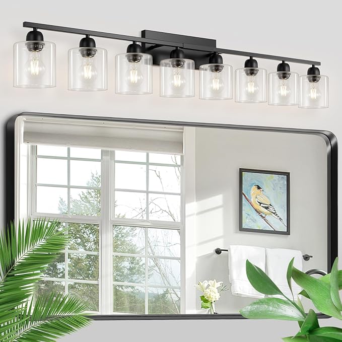Modern 8 Light 52 inch Vanity Lights for Bathroom with Clear Glass, Black Bathroom Light Fixture for Mirror Kitchen Living Room Hallway Cabinet Porch - Bloomnest