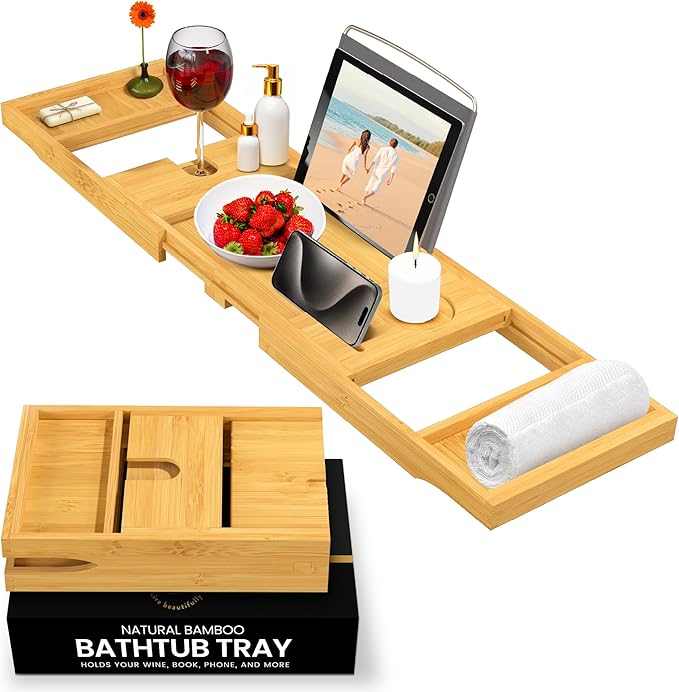 Wooden Bathtub Tray - Foldable Expandable Bamboo Bath Tray for Tub with Wine Holder, Book & Tablet Stand - Bath Caddy for Bathtub, Spa Bath Accessories for Women, Tub Tray Table, Gift for Her or Him - Bloomnest