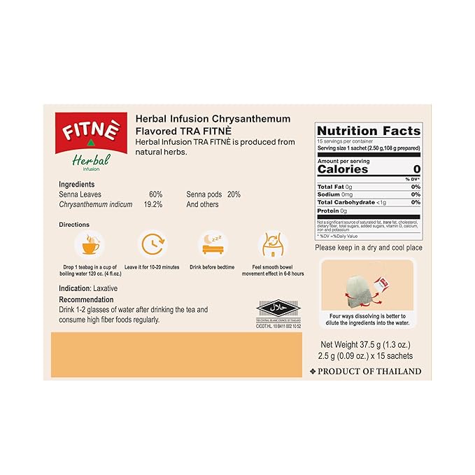 FITNÈ Chrysanthemum Herbal Tea Senna Infusion Smooth Mild Soothing Beverage Natural Gentle Detox Cleanse No Calories Caffeine Free, 15 Tea Bags - Bloomnest