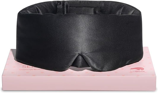 LitBear Silk Sleep Mask for Side Sleeper, Eye Mask Sleeping for Women Men 100% 22 Momme Pure Mulberry Silk, Face-Hugging Padded Eye Cover for Sleeping with Adjustable Band (Black)