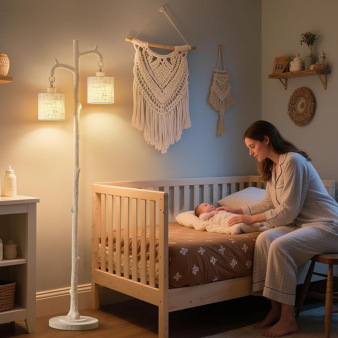 Floor Lamp for Living Room - 69" Rustic Farmhouse Tree Trunk Tall Lamp - Country Resin Vintage Reading Light with Linen Shade Standing Lamps for Bedroom Office Classroom Home Decor (Almond White) - Bloomnest