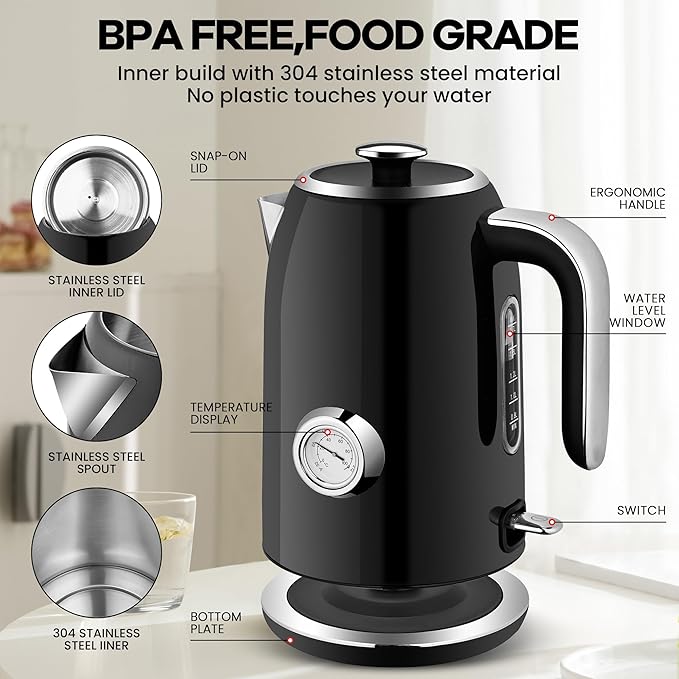 PUKOMC Electric Kettle, 1.7L Stainless Steel Tea Kettle with Temperature Gauge, 1500W Water Boiler with LED Light, BPA-Free, Auto Shut-Off and Boil-Dry Protection (Black) - Bloomnest