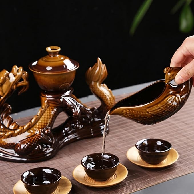 Chinese Gongfu Tea Set - Ceramic Teapot with Infuser, 8 Cups, Semi Automatic Dragon Design for Loose Leaf Tea