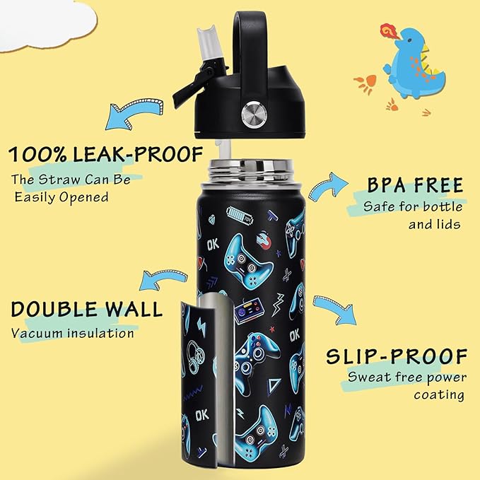 18oz Kids Insulated Water Bottle with Straw Lid - 18/8 Stainless Steel Kid Cup BPA-FREE Travel Tumbler Double Wall Vacuum Leak Proof Portable Toddler Water Bottle (Game) - Bloomnest