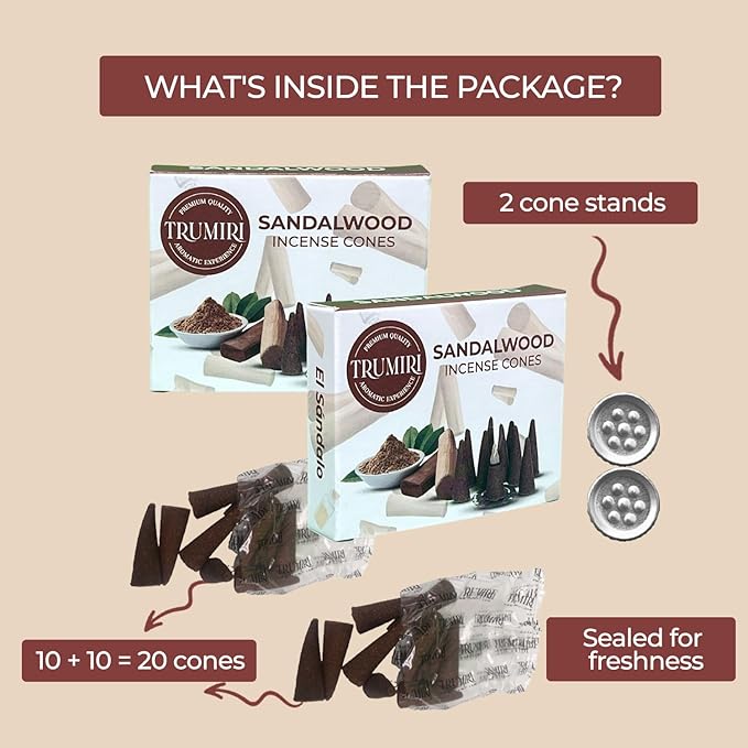 TRUMIRI Sandalwood Incense Cones - Total 20 Cone Incense - Dual Pack of 10 Insence Cones - Incense Cones Scented - Cone Incense Scents - Insense Cones - Incent Cone TRUMIRI