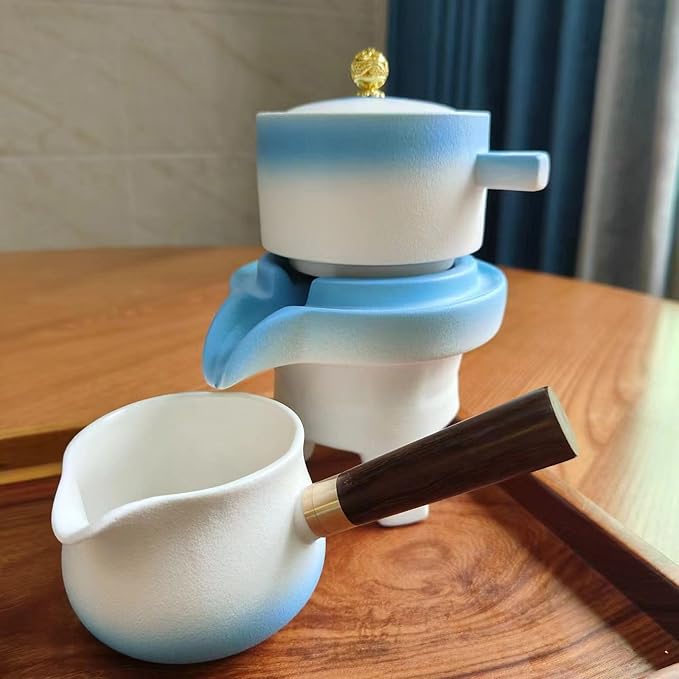Chinese Kung Fu Tea Set, Automatic Stone Grinding Pot, Gift Box Suitable for Tea Ceremony Parties, Gifts, Home, Office Decoration in Mother's Day(Gradient Blue)