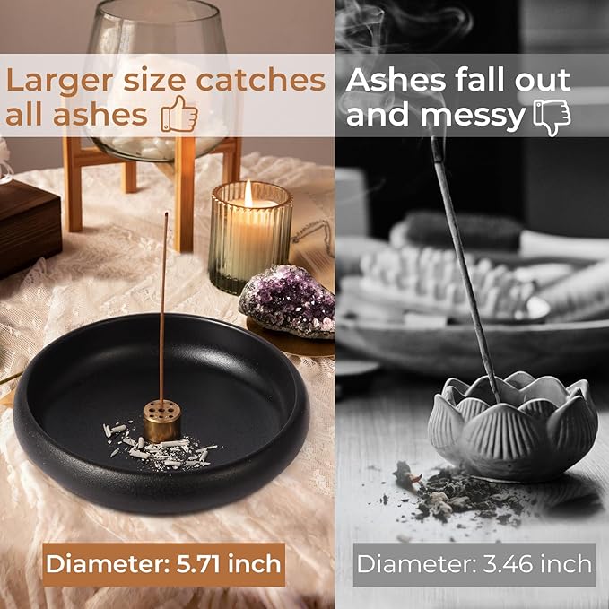Incense Holder for Sticks, Sage, Coil Incense, Incense Stick Holder 5.71" for Yoga Meditation Energy Cleansing, Ceramic Incense Burner Holder with 9 Holes, Ash Catcher, Smudge Bowl (Black) - Bloomnest