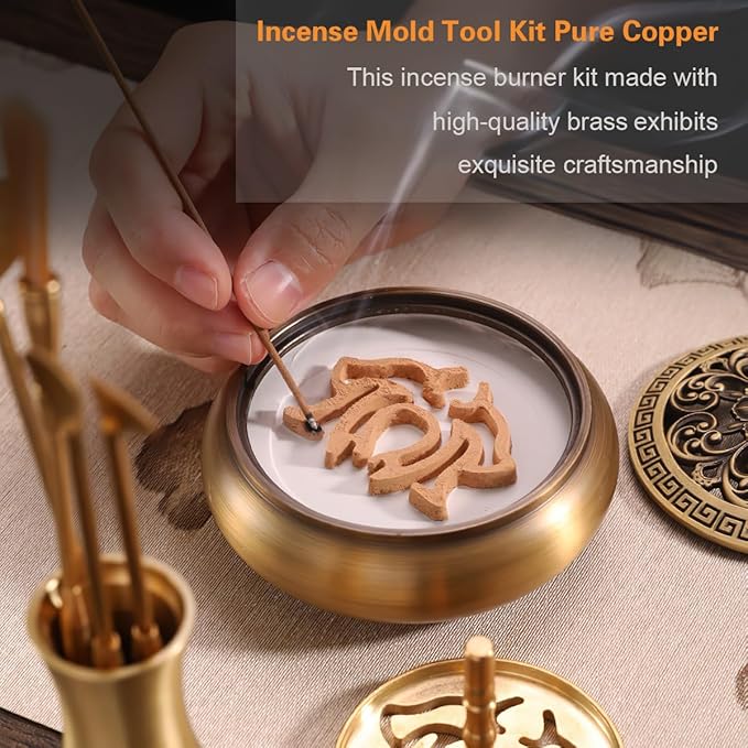 Chinese Incense Burner Kit, Powder Incense Burner,Incense Mold Tool Kit Pure Copper, Home Fragrance Accessory with Incense Mold Tools, Brass Incense Burner for Yoga Meditation - Bloomnest