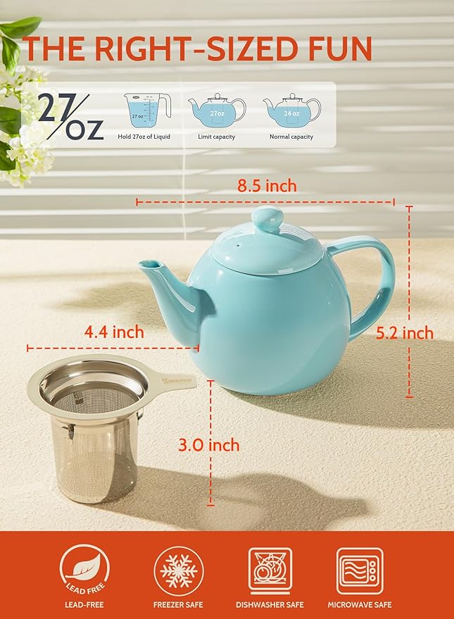 Sweese Teapot, Porcelain Tea Pot with Stainless Steel Infuser, Blooming & Loose Leaf Teapot - 27ounce, Turquoise - Bloomnest