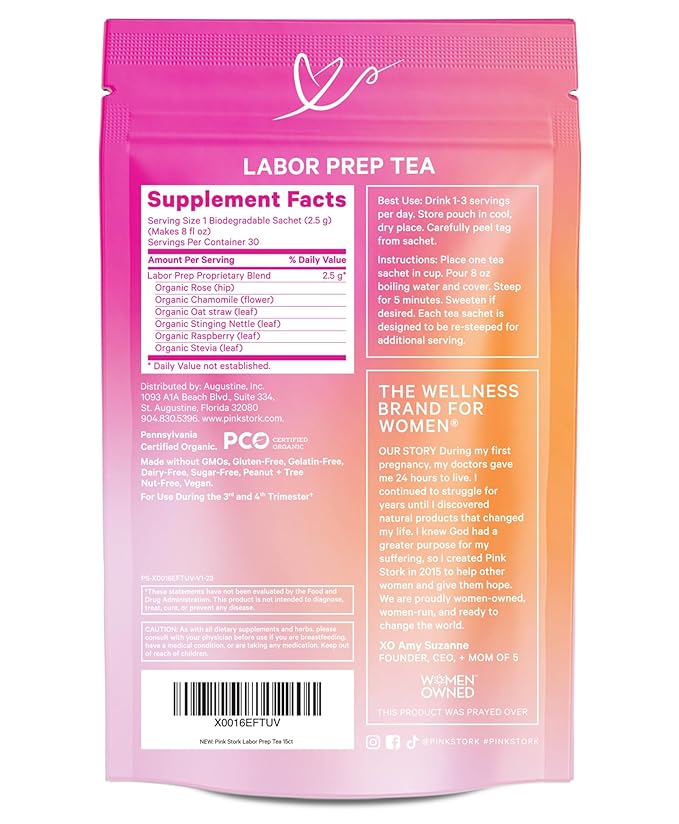 Pink Stork Labor Prep Tea, Organic Red Raspberry Leaf with Chamomile and Rosehip, Caffeine-Free, Pregnancy Must Haves, Labor and Delivery Essentials, Third Trimester Pregnancy - 15 Sachets - Bloomnest