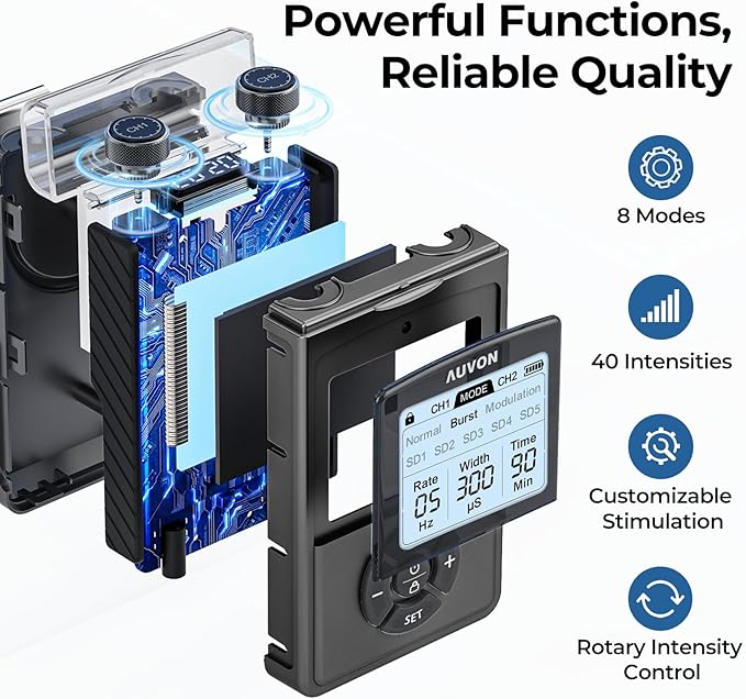 AUVON Rechargeable Digital TENS Unit Muscle Stimulator with 600 mAh Battery, TENS Machine with 8 Customizable Modes, Electric Massager for Shoulder, Back Pain Relief, 6 TENS Pads, A Carry Case