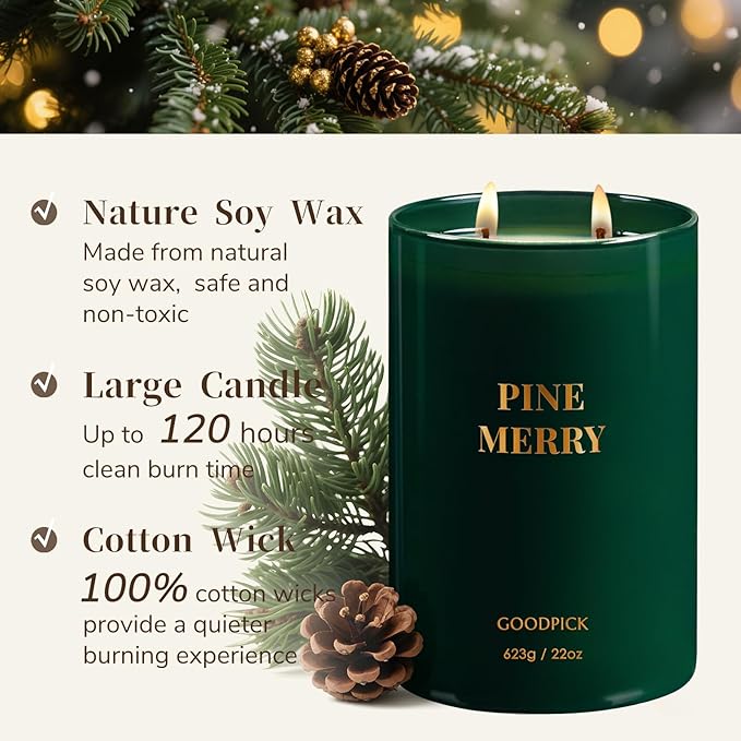 Goodpick Pine Merry Scented Candle, Soy Wax 22oz 120H Long Burning, Festive Pine Forest with Cedar & Juniper, Holiday Home Aromatherapy Candles - Bloomnest
