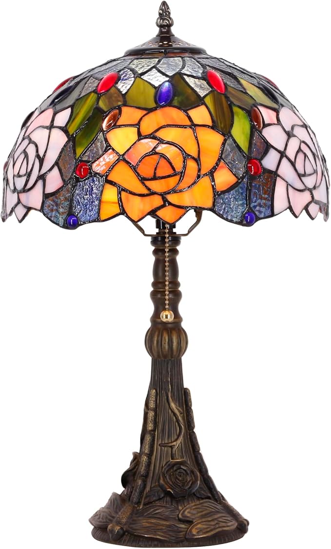 Tiffany Stained Glass Table Lamp 12X12X19 Inch Purple Orange Rose Flower Style Desk Bedroom Living Room Reading Light (Purple Orange Rose Flower) - Bloomnest