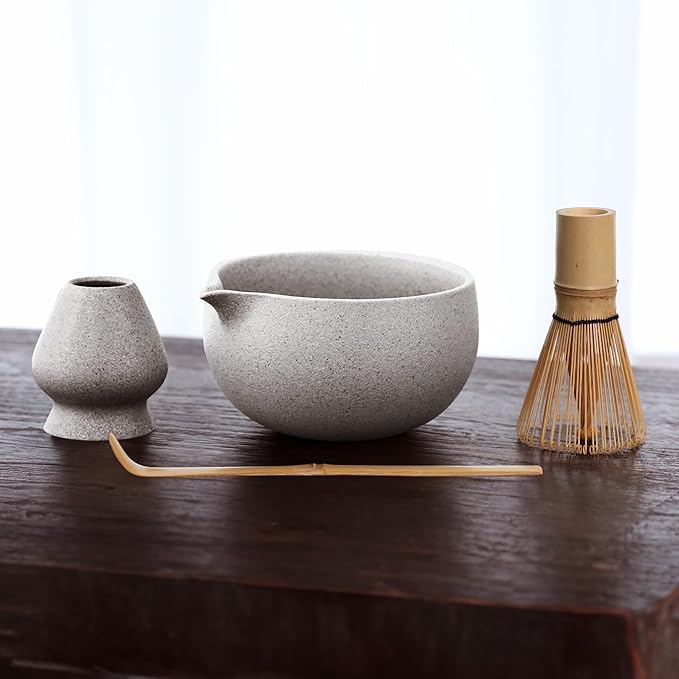 Stone-Texture Gray Matcha Whisk Set with Pouring Spout – Japanese Matcha Kit with Handcrafted Ceramic Bowl, Bamboo Whisk, Scoop, and Holder for Authentic Tea Ceremony - Bloomnest