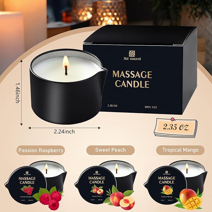 3 Pack Massage Oil Candles 2.35oz Low Temp Massage Candles 3 Scent Spa Therapy Body Oil Home Gift for Relaxation, Couples, or Self-Care (2.35 oz, Sweet Peach, Passion Raspberry, Tropical Mango) - Bloomnest