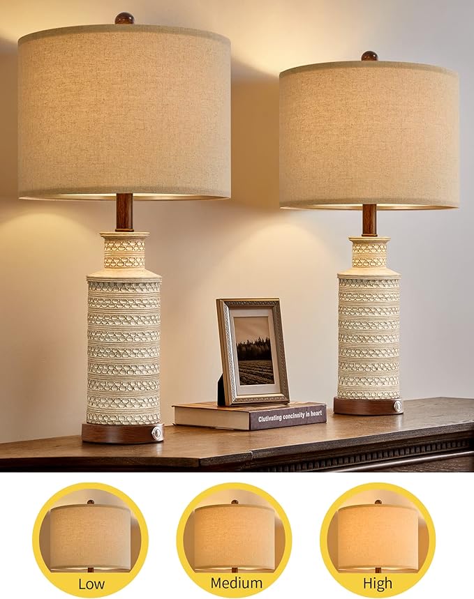 BOBOMOMO 24.5'' 3-Way Dimmable Touch Control Table Lamp Set of 2 with Dual USB Charging Ports for Bedroom Living Room Vintage Rustic Farmhouse Traditional Nightstand Bedside Lamps(Bulbs Included) - Bloomnest