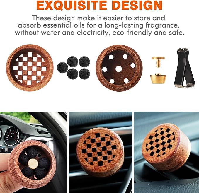 Essential Oil Car Diffuser, 2 PCS Checkered Car Aromatherapy Chequerboard Wood Diffuser with Vent Clip - Bloomnest