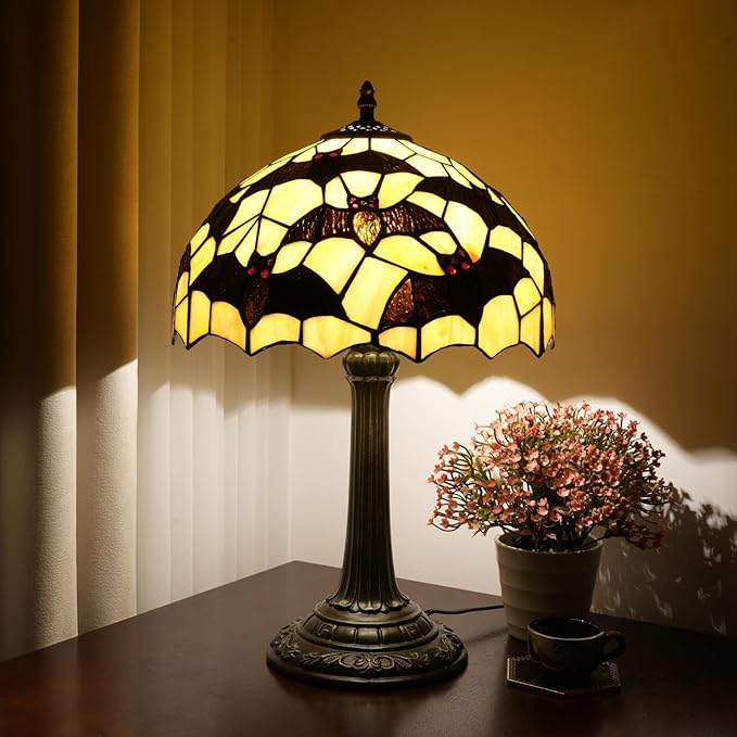 Tiffany Lamp Black Bat Style Stained Glass Table Lamp Vintage Bedroom Bedside Light for Home Dorm Office Art Craft Antique Decor Accent Aesthetic Nightstand Reading Light 12x12x19 Inches - Bloomnest