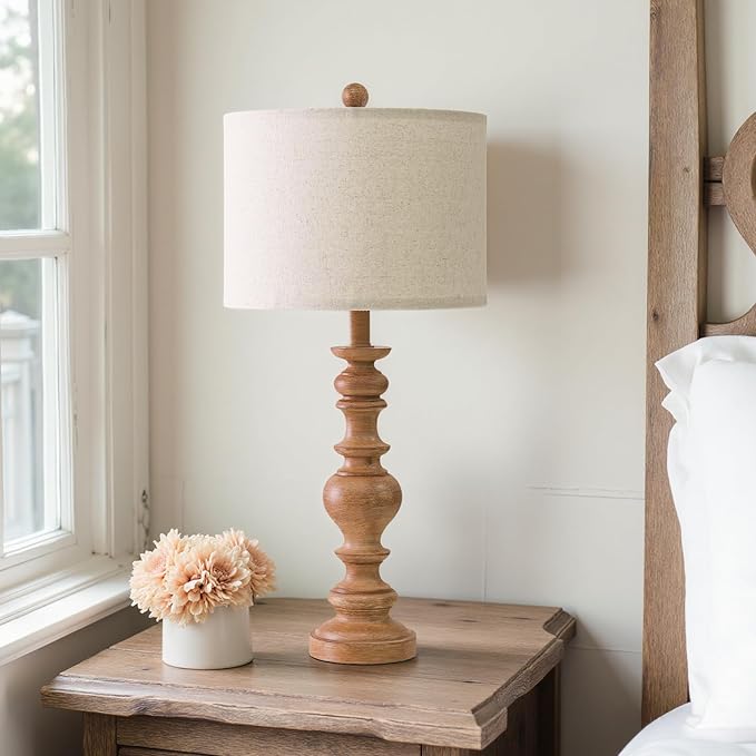 BOBOMOMO 27" Light Brown Table Lamps Set of 2, Large Farmhouse Resin Lamps with Linen Shades, Rustic Vintage Lamps for Living Room, Bedroom, Console Table or Entryway Home Lighting - Bloomnest