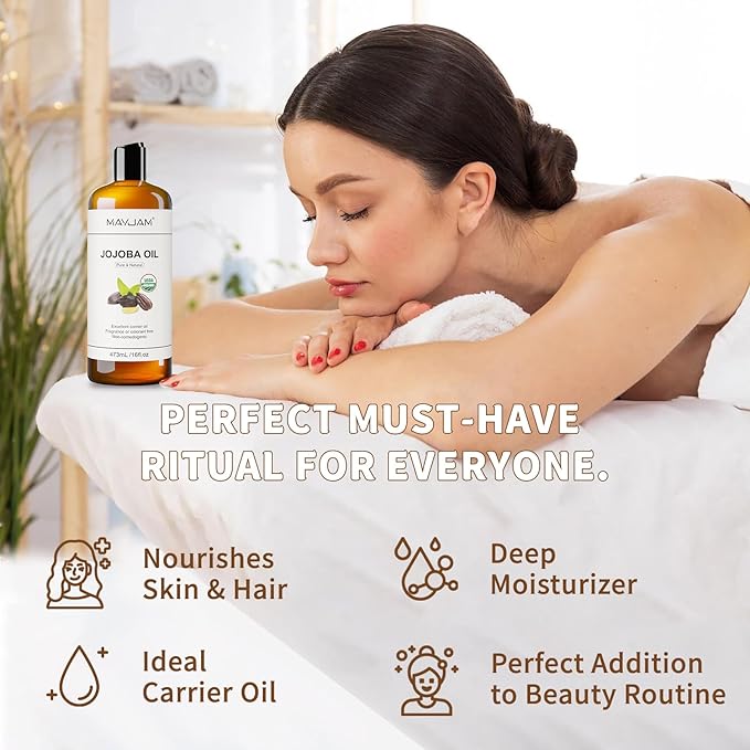 MAYJAM 16 Oz Jojoba Oil for Skin, USDA Certified Cold Pressed Jojoba Oil for Hair, Face, Body, Ear Stretch, Nails,Massage, Deeply Moisturizing, Carrier Oil for Essential Oils Mixing(473ML) - Bloomnest