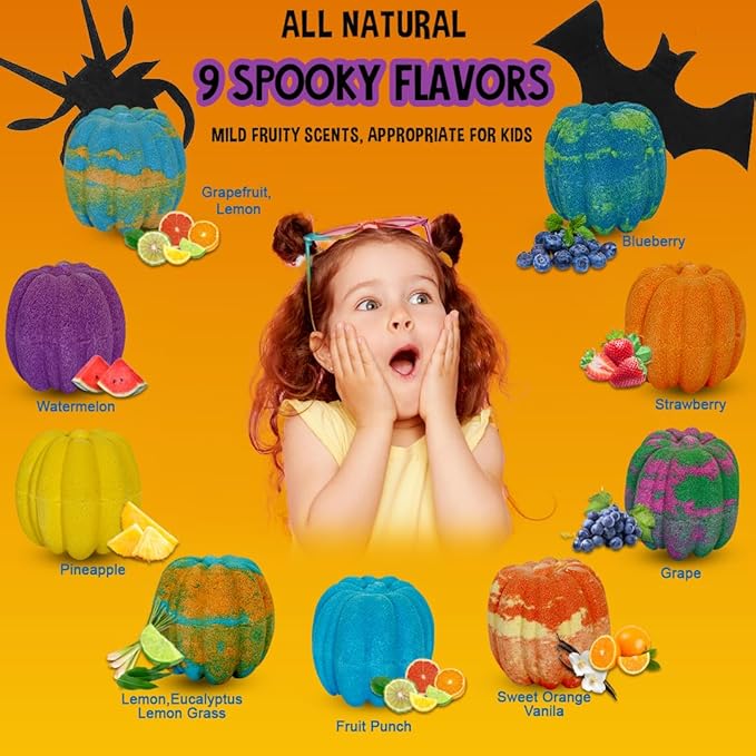 Bath Bombs for Kids with Surprise Toys Inside - Set of 9 Organic Halloween Bath Bombs, Gentle and Safe - Fizzy Balls with Rainbow Bubbles, Halloween Gifts for Kids - Bloomnest