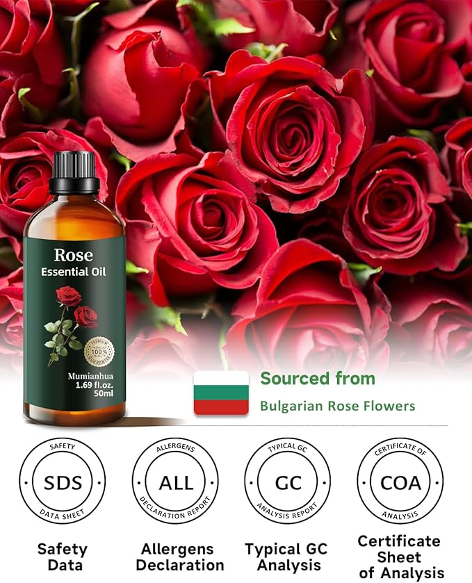 Pure Rose Essential Oil, Mumianhua Natural Rose Oil for Reed Diffuser, Air Freshener, Aromatherapy, Relaxation, Skin,Hair, Cologne, Candles Making, Evening Wellness, Romantic Atmosphere 1.69 Fl Oz - Bloomnest