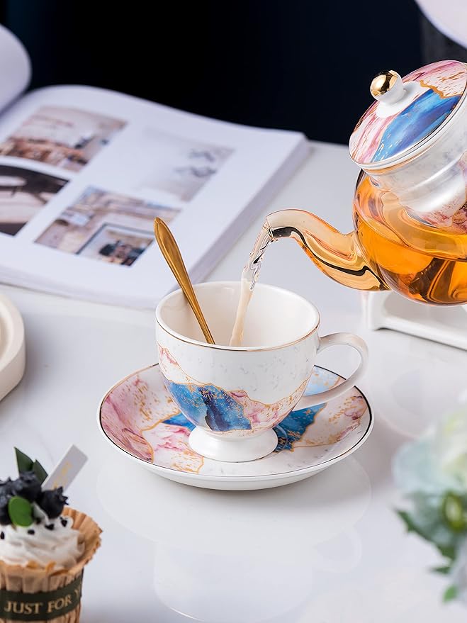 Jusalpha Fine China Rainbow Galaxy Series Glass Tea Pot with Infuser-Teapot Warmer Teacup and Saucer Set with Spoon in Gift Box- 16 pcs in 1 set, (FD Glass pot set 08) - Bloomnest