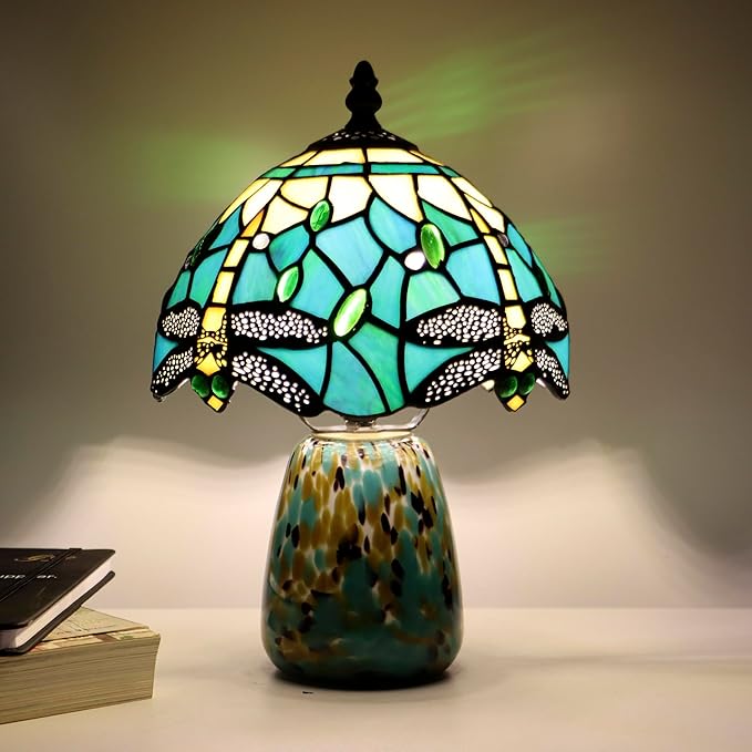 Tiffany Mushroom Table Lamp Dragonfly Style Blue Yellow Stained Glass Accent Lamp Brown Blue Glass Base 8X8X12 Inch - Bloomnest