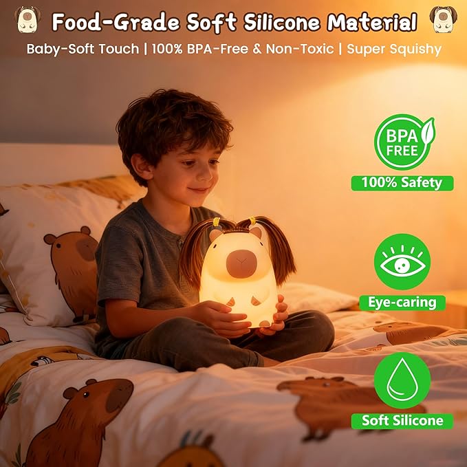 Cute Capybara Night Light with DIY Hairstyle ,Funny Squishy Silicone Animal Night Lamp, Dimmable/Timer Nursery Nightlight for Kids, Rechargeable Touch Bedside Lamp, Bedroom Decor, Baby Boys Girls Gift - Bloomnest