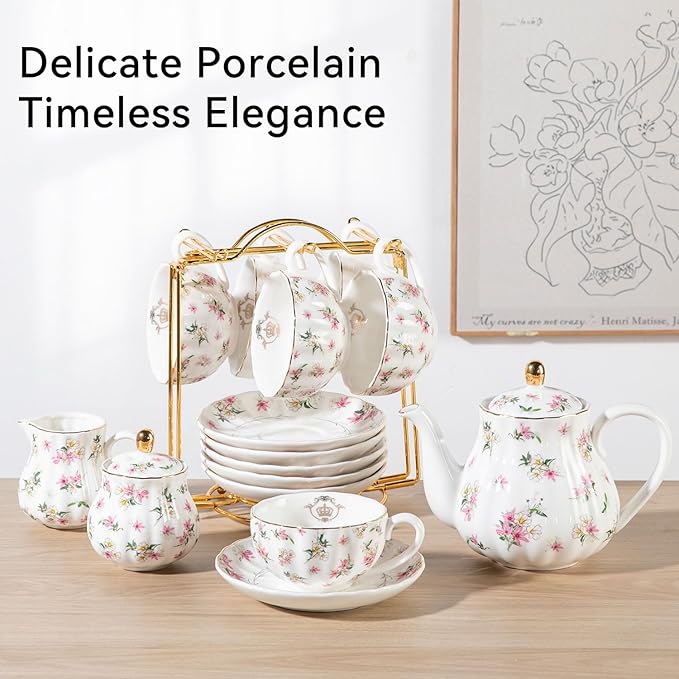 Porcelain Tea Sets British Royal Series, 8 OZ Cups & Saucer Service for 6, with Teapot Sugar Bowl Cream Pitcher Teaspoons and Tea Strainer, Suitable for High Tea, Wedding, Party（Spring Flowers） - Bloomnest