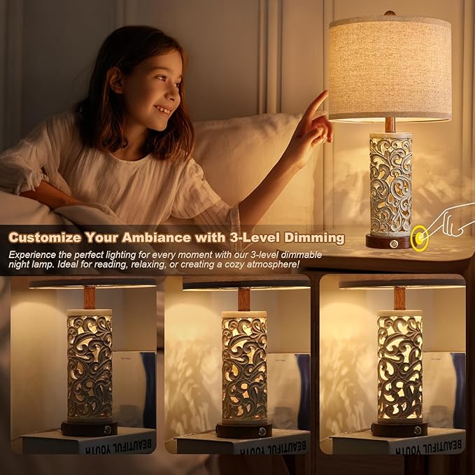 22" Dual Light Table Lamps Set of 2 for Living Room, Touch Lamp with 3-Level Dimming, USB A+C Table Lamp for Bedroom, Farmhouse Lamps for Night Stands(Brown, Bulb Included) - Bloomnest