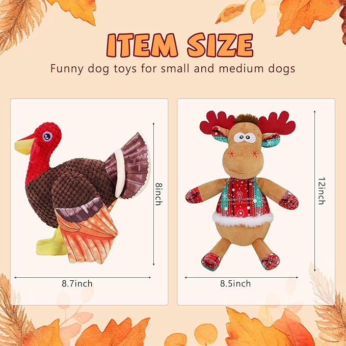 BWOGUE Thanksgiving Turkey Dog Toys Set, Stuffed Squeaky Turkey Dog Toy with Crinkle Paper, Christmas Plush Reindeer Squeaky Toy, Interactive Stuffed Chew Toys for Small Medium Large Dogs - Bloomnest