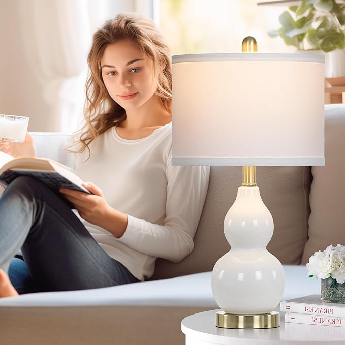 Double Gourd Ceramic Table Lamps Set of 2, Modern White Bedside Lamps for Night Stand, Contemporary Nightstand Lamps for Bedroom Living Room (Bulb Included) - Bloomnest