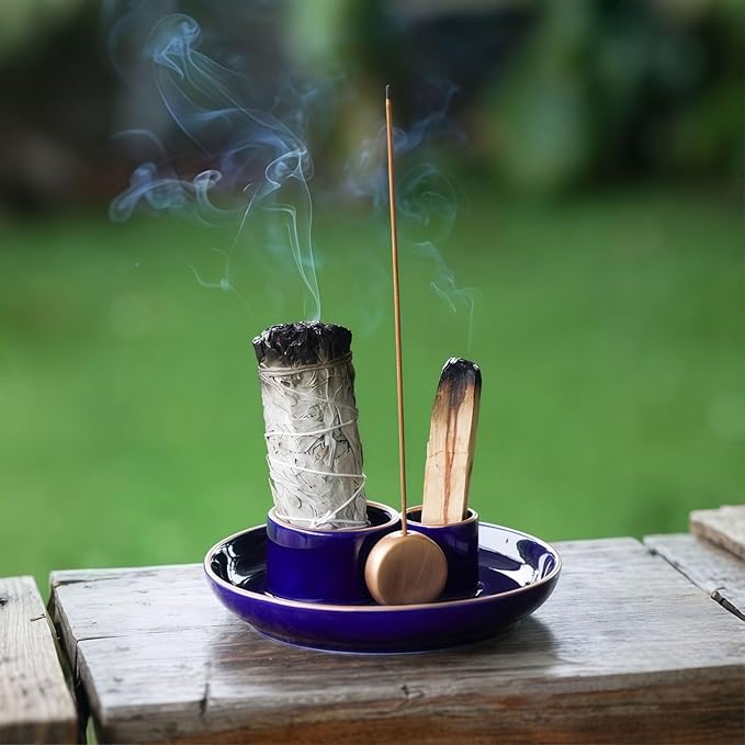 4 in 1 Incense Holder, Ceramic Incense Stick and Palo Santo Holder,Sage Holder for Burning- 5.5" Ceramic Ash Catcher Tray for Meditation and Yoga Room (Blue Golden) - Bloomnest