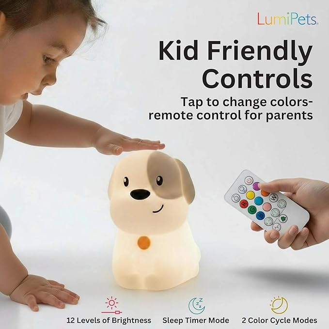 Lumipets Pepper The Puppy Dog Squishy Silicone Night Light for Kids | Cute Night Light with Remote & Touch Control for Baby & Toddler Bedrooms | Color Changing Animal Lamp | Soft Portable Nightlight - Bloomnest