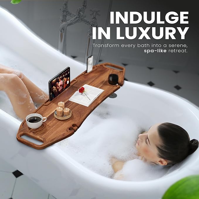 Lush & Style Premium Large Bathtub Tray Large & Thick 35x10 Inch, Acacia Wood Luxury, Waterproof, Non-Toxic, Adjustable Legs, No Tools Required,Caddy Tray, Luxury Bath Accessories,New Home Essenials - Bloomnest
