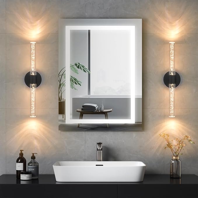 Battery Operated Wall Sconces Set of 2, Black 20'' Rechargeable Crystal Bubble Wall Sconce with Remote Control, 3000K-6000K Dimmable LED Wireless Wall Lights for Living Room Bedroom Bathroom Hallway - Bloomnest
