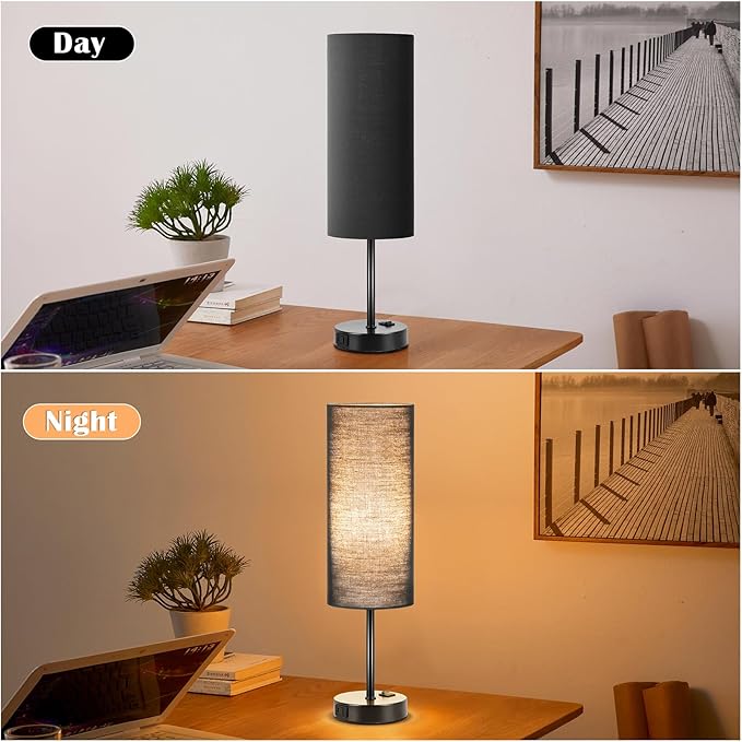 ZJOJO Table Lamp for Bedroom 2 Pack,18in Bedside Lamps with 3 Way Dimmable Rocker Switch & AC Outlet,Nightstand Desk Lamp with Black Fabric Shade Black Base for Living Room Home Decor Lights - Bloomnest