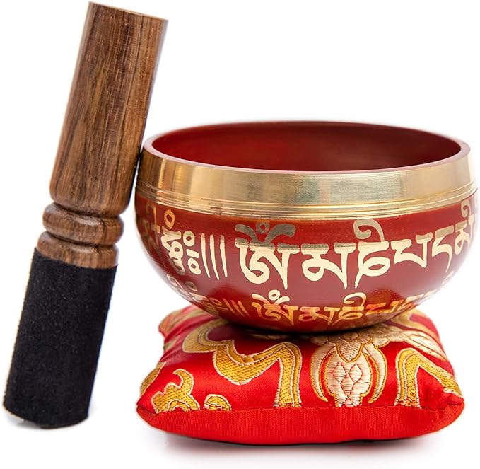 Tibetan Singing Bowl Set - Easy To Play for Beginners - Authentic Handcrafted Mindfulness Meditation Holistic Sound 7 Chakra Healing Gift by Himalayan Bazaar (Crimson) - Bloomnest