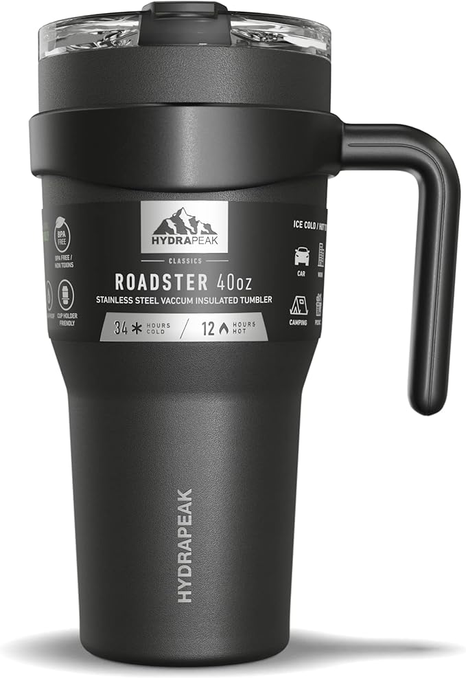 Hydrapeak Roadster 40oz Stainless Steel Tumbler Double Wall Vacuum Insulated Water Bottle With Handle And 2 in 1 Straw Lid (Black) - Bloomnest