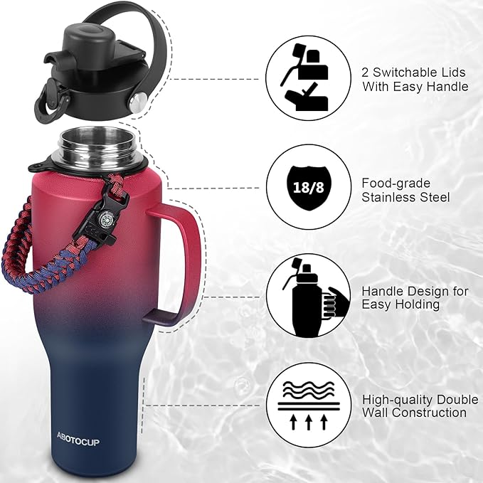 Water Bottle 40oz, Insulated Tumblers with Handle & Straw Lid, Insulated Water Bottle Fits in Cup Holder, Double Wall BPA-Free, Stainless Steel Travel Cup Leak-proof to Keep Cold 24H&Hot12H - Bloomnest