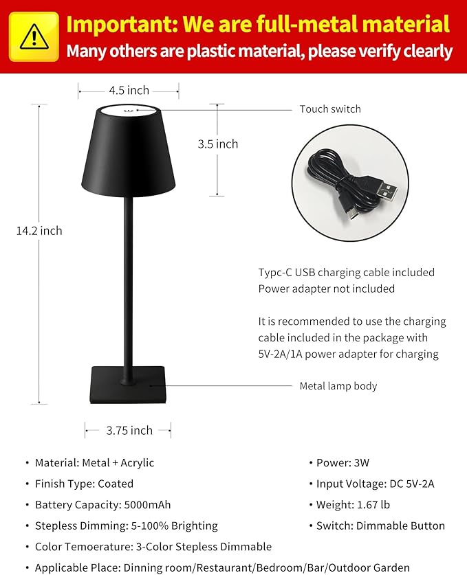 KDG 2 Pack Cordless Table Lamp, Portable LED Desk Lamps, 5000mAh Battery Operated, 3 Color Stepless Dimming Up, for Restaurant, Bedroom, Outdoor Camping, Coffee Shop, Night Light, Rechargeable (Black) - Bloomnest