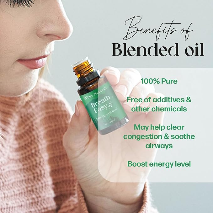 White Naturals Breathe Easy Essential Oil Blend – Refreshing Aromatherapy Oil for Clear Breathing & Comfort, 100% Pure & Natural Essential Oils for Freshness, 1oz - Bloomnest