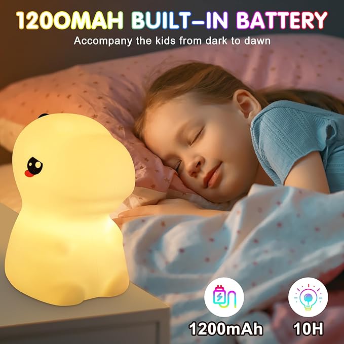 Night Light for Kids, 7 Color Changing BPA-Free Silicone Lamp with Touch Control, Eye Protection, Rechargeable Battery, Soft & Safe Nursery Lamp for Boys & Girls (Dinosaur) - Bloomnest