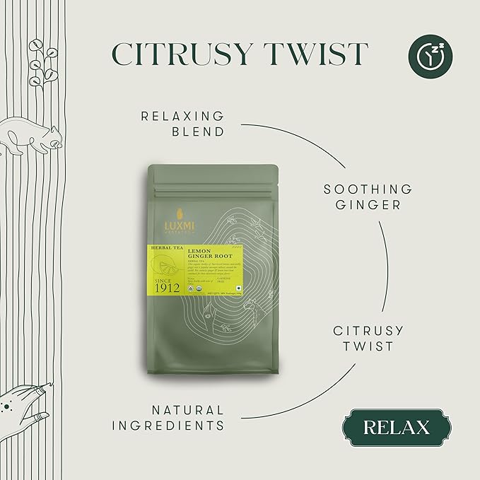Luxmi Estates Organic Lemon Ginger Tea (50 Tea Bags), Lemon Peel, Ginger, Lemongrass and Licorice for sore throat, aids digestion, help with Nausea, and Uplifts Your Mood - Bloomnest