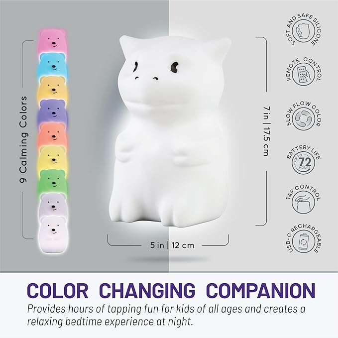 Lumipets Remote Control Silicone Night Light for Kids - Dragon Design with 9 Soft Colors & Sleep Timer - Rechargeable, Battery-Operated Lamp for Bedroom | Baby Nursery, Toddler, Girls, Boys - Bloomnest